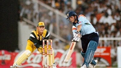 143 (131) vs Australia 6th ODI Coca Cola Cup Sharjah, April 22, 1998 - Another innings in a losing cause for India and like the one in Chennai, this has gone down in cricketing folklore. Better known as the 'Desert Storm', Tendulkar smashed an incredible 141 off 131 balls. It is perhaps a testament to just how dependent India were on him that despite his innings, the team failed to chase down the revised target of 276 off 46 overs and lost by 26 runs. However, Tendulkar's innings helped them qualify for the final where he played yet another blinded - 134 in 131 balls, and led India to a six-wicket win over Australia. (Reuters) 143 (131) vs Australia 6th ODI Coca Cola Cup Sharjah, April 22, 1998 - Another innings in a losing cause for India and like the one in Chennai, this has gone down in cricketing folklore. Better known as the 'Desert Storm', Tendulkar smashed an incredible 141 off 131 balls. It is perhaps a testament to just how dependent India were on him that despite his innings, the team failed to chase down the revised target of 276 off 46 overs and lost by 26 runs. However, Tendulkar's innings helped them qualify for the final where he played yet another blinded - 134 in 131 balls, and led India to a six-wicket win over Australia. (Reuters)