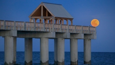 April 23 Full Moon, as captured by Dave Callahan, rising over Surfside Pier in Surfside Beach, South Carolina. (X - @EdPiotrowski) April 23 Full Moon, as captured by Dave Callahan, rising over Surfside Pier in Surfside Beach, South Carolina. (X - @EdPiotrowski)