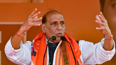 Union Defence Minister Rajnath Singh addresses a public meeting for Lok Sabha elections. (PTI) Union Defence Minister Rajnath Singh addresses a public meeting for Lok Sabha elections. (PTI)