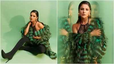 Shehnaaz's pantashoes feature a seamless design connecting the boots with the pants. They feature a figure-hugging silhouette, a high-rise waistline, a pointed front, and killer high heels. The pantashoes are a style often favoured by celebrities like Kim Kardashian, Kylie Jenner, Priyanka Chopra, Julia Fox and others. (Instagram) Shehnaaz's pantashoes feature a seamless design connecting the boots with the pants. They feature a figure-hugging silhouette, a high-rise waistline, a pointed front, and killer high heels. The pantashoes are a style often favoured by celebrities like Kim Kardashian, Kylie Jenner, Priyanka Chopra, Julia Fox and others. (Instagram)