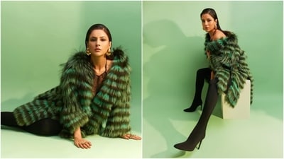 Celebrity stylist Maneka Harisinghani styled Shehnaaz for the photoshoot. While the bralette and the pantashoes come in an all-black hue, the faux fur jacket comes in varying shades of green and is from the shelves of the clothing label Helen Yarmak. (Instagram) Celebrity stylist Maneka Harisinghani styled Shehnaaz for the photoshoot. While the bralette and the pantashoes come in an all-black hue, the faux fur jacket comes in varying shades of green and is from the shelves of the clothing label Helen Yarmak. (Instagram)