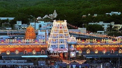 A view of Venkateswara Temple on Tirumala hills in Tirupati. (PTI)