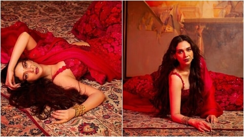 Aditi Rao Hydari dazzles in a red lehenga set she wore for a promotional photoshoot for Heeramandi. (Instagram)
