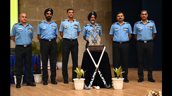 Air Vice Marshal Sartaj Bedi (third from right), along with senior officers, after the press conference at 3 BRD, Air Force Station in Chandigarh on Wednesday. (Keshav Singh/HT)