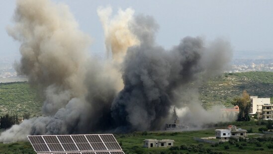Smoke billows from the site of an Israeli airstrike on the village of Majdel Zoun near Lebanon�s southern border on April 21, 2024, amid ongoing cross-border tensions as fighting continues between Israel and Hamas militants in Gaza. (AFP)