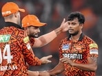 T Natarajan celebrates a wicket for SRH.