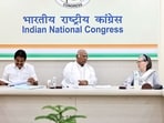 Congress President Mallikarjun Kharge along with Parliamentary Party Chairperson Sonia Gandhi and party KC Venugopal during the Central Election Committee (CEC) meeting for the Lok Sabha elections 2024 of Haryana state, in New Delhi.
