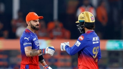 Royal Challengers Bangalore's Virat Kohli and Rajat Patidar celebrate their partnership during the match against Sunrisers Hyderabad (RCB-X)