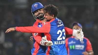 Delhi Capitals' Kuldeep Yadav (R) celebrates with captain Rishabh Pant after taking the wicket of Gujarat Titans' Rahul Tewatia during the Indian Premier League (IPL) Twenty20 cricket match between Delhi Capitals and Gujarat Titans (AFP) Delhi Capitals' Kuldeep Yadav (R) celebrates with captain Rishabh Pant after taking the wicket of Gujarat Titans' Rahul Tewatia during the Indian Premier League (IPL) Twenty20 cricket match between Delhi Capitals and Gujarat Titans (AFP)