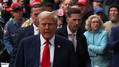 Former President Donald Trump speaks with construction workers at the construction site of the new JPMorgan Chase headquarters in midtown Manhattan, Thursday, April 25, 2024, in New York. Trump met with construction workers and union representatives hours before he's set to appear in court. (AP) Former President Donald Trump speaks with construction workers at the construction site of the new JPMorgan Chase headquarters in midtown Manhattan, Thursday, April 25, 2024, in New York. Trump met with construction workers and union representatives hours before he's set to appear in court. (AP)