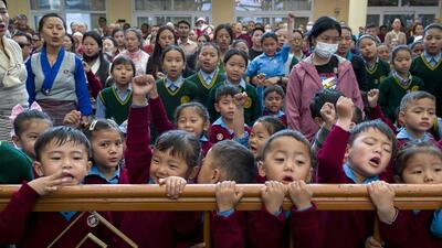 Exile Tibetan children recite the Tibetan national anthem at an event marking the birthday of the 11th Panchen Lama, Gendhun Choekyi Nyima, in Dharamshala, on April 25. The young lama went missing shortly after his recognition by the Dalai Lama in 1995 and has not been seen since. (AP) Exile Tibetan children recite the Tibetan national anthem at an event marking the birthday of the 11th Panchen Lama, Gendhun Choekyi Nyima, in Dharamshala, on April 25. The young lama went missing shortly after his recognition by the Dalai Lama in 1995 and has not been seen since. (AP)