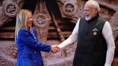 FILE PHOTO: Prime Minister Narendra Modi welcomes Italian Prime Minister Giorgia Meloni in New Delhi (via REUTERS)
