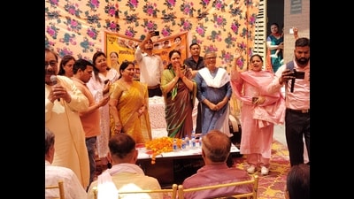 Haryana chief minister Nayab Singh Saini’s wife Suman Saini campaigned vigorously on Thursday and attended 10 election events in Karnal assembly from where her MP husband will contest the byelection to become an MLA. (HT Photo) Haryana chief minister Nayab Singh Saini’s wife Suman Saini campaigned vigorously on Thursday and attended 10 election events in Karnal assembly from where her MP husband will contest the byelection to become an MLA. (HT Photo)