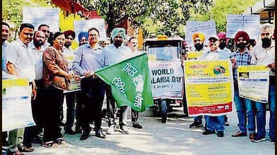 Health department staff during an awareness rally on the occasion of World Malaria Day in Ludhiana on Thursday. (HT Photo)