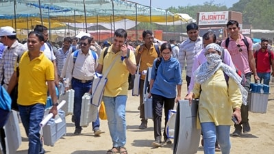 Polling staff carrying EVMs and other polling materials leave for their respective polling stations on the eve of 2nd Phase of voting for the General Elections 2024, in Ghaziabad on Thursday. (ANI ) Polling staff carrying EVMs and other polling materials leave for their respective polling stations on the eve of 2nd Phase of voting for the General Elections 2024, in Ghaziabad on Thursday. (ANI )