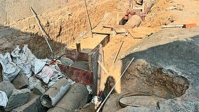 Mumbai, India. April 24,2024: Two construction workers lost their lives in a septic tank of an under construction building at Malad East area in Mumbai. Three construction had entered the tank to clean it manually. (Photo by HT )