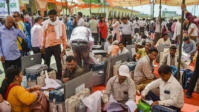 Officials collect election material in Mathura on Thursday. (PTI PHOTO) Officials collect election material in Mathura on Thursday. (PTI PHOTO)