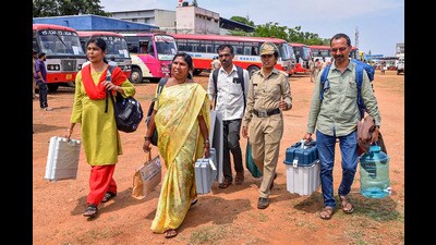 Polling officials leave for election duty on the eve of the second phase of Lok Sabha polls, in Chikkamagaluru, on Thursday. (PTI) Polling officials leave for election duty on the eve of the second phase of Lok Sabha polls, in Chikkamagaluru, on Thursday. (PTI)