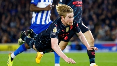 Manchester City vs Brighton: Kevin De Bruyne scores an amazing flying goal off his head. (Action Images via Reuters)