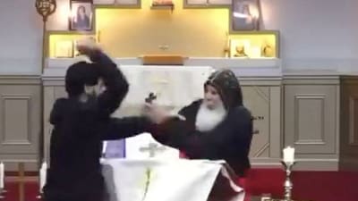 A man stabs Bishop Mar Mari Emmanuel during a church service at The Good Shepherd Church in Wakeley, Sydney. (Reuters)