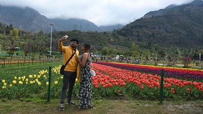 Tourists at the Tulip garden in the foothills of Zabarwan moutains in Srinagar, Kashmir. (HT File)