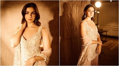Alia Bhatt wore a dusty pink pearl sharara for the premiere of Sanjay Leela Bhansali's Heeramandi. (Instagram) Alia Bhatt wore a dusty pink pearl sharara for the premiere of Sanjay Leela Bhansali's Heeramandi. (Instagram)