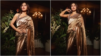 Bhumi Pednekar poses in a Manish Malhotra tissue silk saree and statement backless blouse. (Instagram) Bhumi Pednekar poses in a Manish Malhotra tissue silk saree and statement backless blouse. (Instagram)