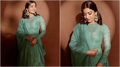 Rashmika wore a mint green anarkali suit set to the Heeramandi premiere. The series marks Sanjay Leela Bhansali's debut in the web series genre. Coming to Rashmika's ensemble, the mint green anarkali kurta features a round neckline, scalloped cutwork borders on the neck, cuffs and borders, an ankle-length hem, intricate threadwork, sequin and bead embellishments, sheer full-length sleeves, cinched waist, and a flowy layered skirt. (Instagram) Rashmika wore a mint green anarkali suit set to the Heeramandi premiere. The series marks Sanjay Leela Bhansali's debut in the web series genre. Coming to Rashmika's ensemble, the mint green anarkali kurta features a round neckline, scalloped cutwork borders on the neck, cuffs and borders, an ankle-length hem, intricate threadwork, sequin and bead embellishments, sheer full-length sleeves, cinched waist, and a flowy layered skirt. (Instagram)