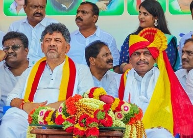 Karnataka deputy chief minister DK Shivakumar with Congress candidate from Bengaluru Rural constituency DK Suresh during an election rally. (PTI) Karnataka deputy chief minister DK Shivakumar with Congress candidate from Bengaluru Rural constituency DK Suresh during an election rally. (PTI)
