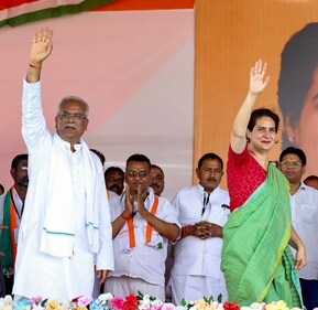 Congress leaders Priyanka Gandhi and Bhupesh Baghel during a public meeting for Lok Sabha elections in Rajnandgaon district. (PTI) Congress leaders Priyanka Gandhi and Bhupesh Baghel during a public meeting for Lok Sabha elections in Rajnandgaon district. (PTI)