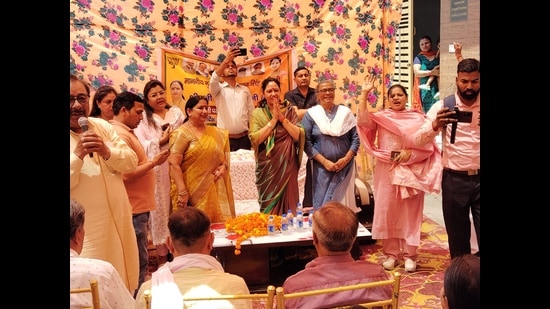 Haryana chief minister Nayab Singh Saini’s wife Suman Saini campaigned vigorously on Thursday and attended 10 election events in Karnal assembly from where her MP husband will contest the byelection to become an MLA. (HT Photo)
