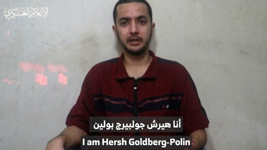 An image grab from a video released by the media office of the Palestinian militant group Hamas on April 24, 2024, shows an Israeli-American man who identified himself as Hersh Goldberg-Polin, 23, (AFP)