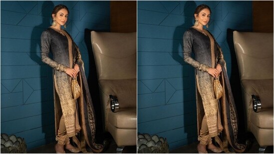 On Thursday, Rakul took to Instagram and uploaded a series of stunning pictures accompanied by the caption 'Aankon ki gustakhi'. In the post, she can be seen posing elegantly in a traditional black printed suit, looking like an ethereal, classy beauty.&nbsp;(Instagram/@rakulpreet)