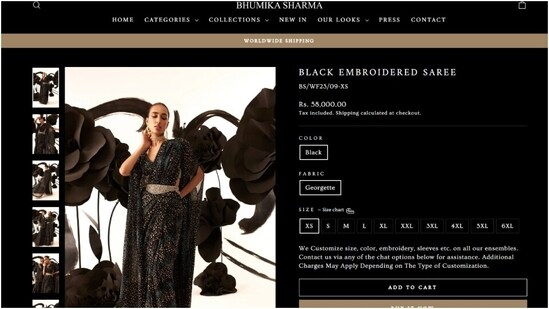 Karisma Kapoor's black saree for Dance Deewane is from the shelves of the designer clothing label Bhumika Sharma. It is called the Black Embroidered saree and is from the brand's Retro Love collection. Adding the ensemble to your closet will cost you <span class='webrupee'>₹</span>58,000.&nbsp;(bhumikasharma.in)