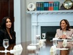 Television personality and businesswoman Kim Kardashian and U.S. Vice President Kamala Harris look on during a roundtable on criminal justice in the Roosevelt Room at the White House in Washington, U.S., April 25, 2024. REUTERS/Bonnie Cash