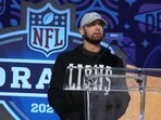 Apr 25, 2024; Detroit, MI, USA; Eminem addresses the crowd during the 2024 NFL Draft at Campus Martius Park and Hart Plaza. Mandatory Credit: Kirby Lee-USA TODAY Sports