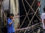 Mumbai, India. April 25, 2024: A 70-year-old Pannalal Gupta died of burn injuries and his wife Ashoka Devi was injured after a fire broke out at a grocery shop at JaiMaharashtra Nagar, Antop Hill in Mumbai. April 25, 2024. (Photo by Raju Shinde/HT Photo)