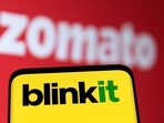 Blinkit and Zomato logos are seen in this illustration.