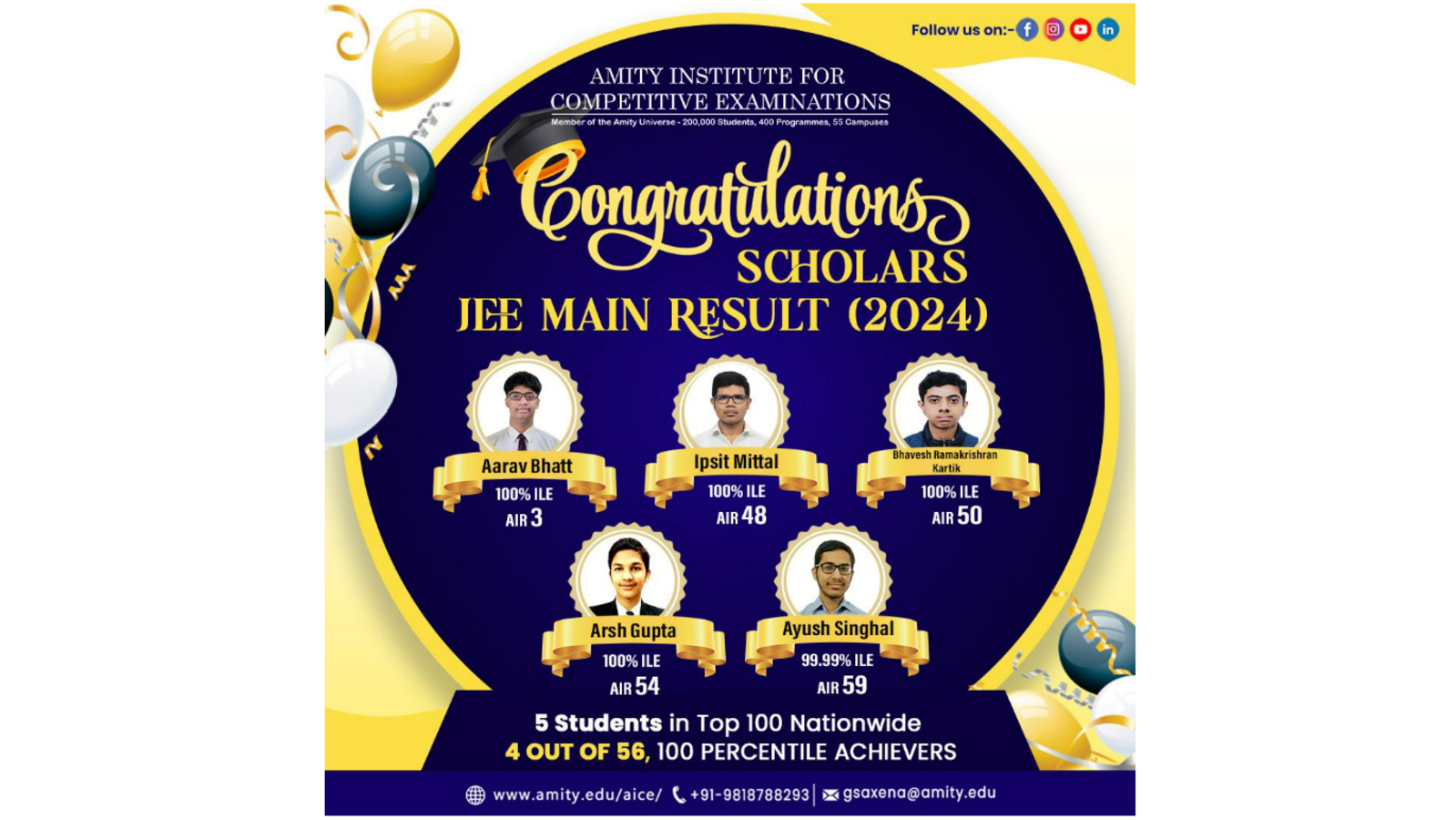 Amity Institute For Competitive Examinations (AICE) Celebrates Outstanding Performance in JEE Main 2024 - Vimarsana News