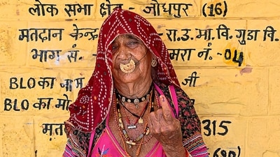 An elderly woman shows her ink-marked finger after voting in Jodhpur, Rajasthan. (Reuters) An elderly woman shows her ink-marked finger after voting in Jodhpur, Rajasthan. (Reuters)