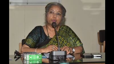 AU VC Prof Sangita Srivastava addressing media personnel on Friday (HT Photo) AU VC Prof Sangita Srivastava addressing media personnel on Friday (HT Photo)