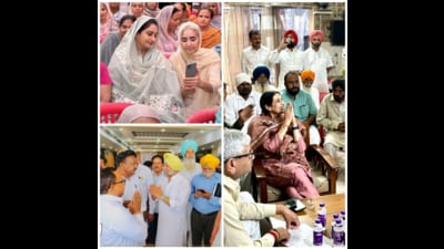 Clockwise from top: Shiromani Akali Dal candidate Harsimrat Kaur Badal, Bharatiya Janata Party candidate Parampal Kaur Sidhu and Congress’ Jeetmohinder Singh Sidhu addressing election meetings in Bathinda. (HT Photo) Clockwise from top: Shiromani Akali Dal candidate Harsimrat Kaur Badal, Bharatiya Janata Party candidate Parampal Kaur Sidhu and Congress’ Jeetmohinder Singh Sidhu addressing election meetings in Bathinda. (HT Photo)