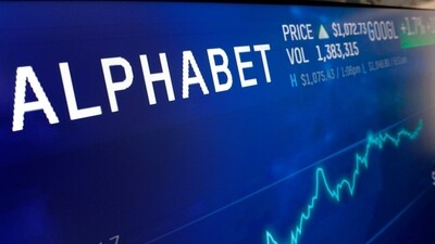 Alphabet Q1 results: The logo for Alphabet appears on a screen at the Nasdaq MarketSite in New York. (AP)