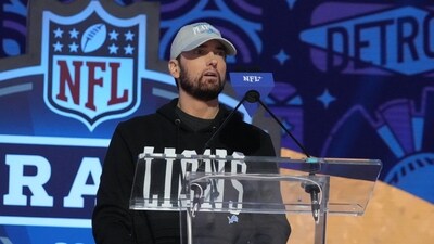 Apr 25, 2024; Detroit, MI, USA; Eminem addresses the crowd during the 2024 NFL Draft at Campus Martius Park and Hart Plaza. Mandatory Credit: Kirby Lee-USA TODAY Sports (USA TODAY Sports via Reuters Con)