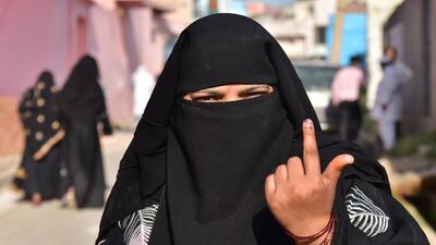 Ghaziabad , India - April 26 2024: A women Voter shows her inked finger after casting her vote during the Second phase of the general Loksabha elections in Dasna Ghaziabad, India on Friday, April 26 2024. (Photo by Sakib Ali /Hindustan Times) Ghaziabad , India - April 26 2024: A women Voter shows her inked finger after casting her vote during the Second phase of the general Loksabha elections in Dasna Ghaziabad, India on Friday, April 26 2024. (Photo by Sakib Ali /Hindustan Times)