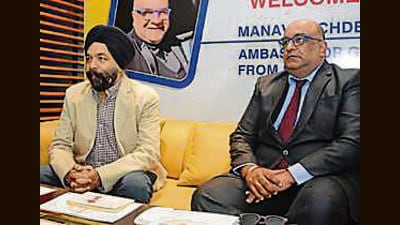 Global ambassador of ‘Grain from Ukraine’ programme Manav Sachdeva at a presser in Ludhiana on Friday. (HT Photo) Global ambassador of ‘Grain from Ukraine’ programme Manav Sachdeva at a presser in Ludhiana on Friday. (HT Photo)