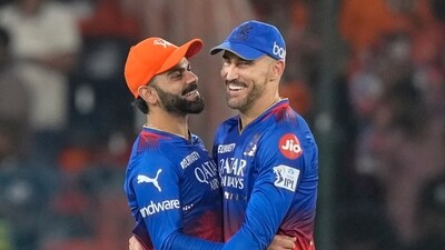 Royal Challengers Bengaluru's Virat Kohli, left, and Faf du Plessis celebrate their win against Sunrisers Hyderabad during the Indian Premier League in Hyderabad, India, Thursday (AP) Royal Challengers Bengaluru's Virat Kohli, left, and Faf du Plessis celebrate their win against Sunrisers Hyderabad during the Indian Premier League in Hyderabad, India, Thursday (AP)
