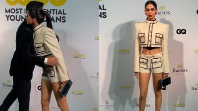 Khushi Kapoor also greeted her The Archies co-star Agastya before posing for clicks in a polarising monochrome outfit. Khushi Kapoor also greeted her The Archies co-star Agastya before posing for clicks in a polarising monochrome outfit.