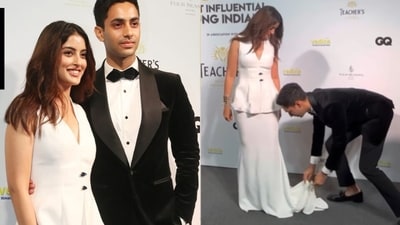 Agastya Nanda and Navya Naveli shared a sweet moment on the red carpet when he adjusted her dress. Agastya Nanda and Navya Naveli shared a sweet moment on the red carpet when he adjusted her dress.