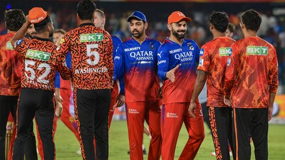 Royal Challengers Bengaluru and Sunrisers Hyderabad players greet each other after Bengaluru won the Indian Premier League (IPL) 2024 match between Sunrisers Hyderabad and Royal Challengers Bengaluru (PTI) Royal Challengers Bengaluru and Sunrisers Hyderabad players greet each other after Bengaluru won the Indian Premier League (IPL) 2024 match between Sunrisers Hyderabad and Royal Challengers Bengaluru (PTI)